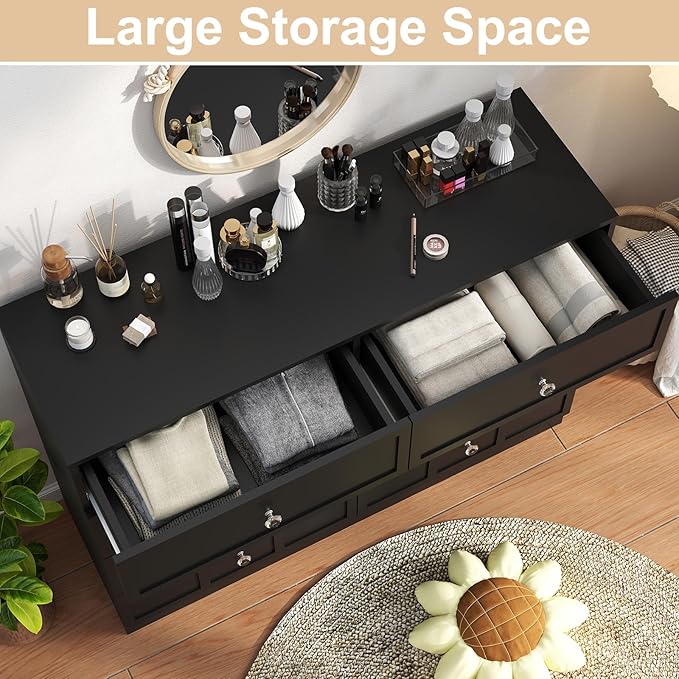 Wood Dresser for Bedroom 8 Drawer: 47" Black Chest of Drawers Wood, Modern Fluted Cabinet with Sturdy Storage, Wide Aesthetic Furniture for Room Organization