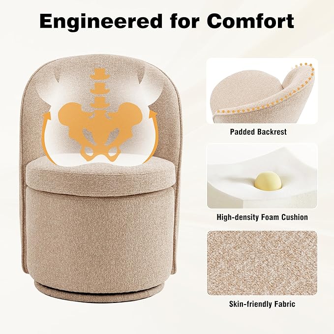 YOUNIKE Vanity Bench Boucle Fabric Oatmeal Solid Wood Swivel Accent Chair with Backrest Easy Assembly Dressing Stool for Bedroom & Makeup Room