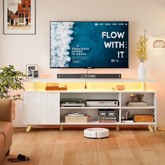 Lulive Luxury Fluted TV Stand for 60/65/70 Inch TV with Power Outlet & LED Light, Modern Entertainment Center with Fluted Panel Design, Modern TV Console Table for Living Room & Bedroom, White