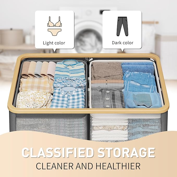 160L Double Laundry Hamper with Lid 2 Section, Large Bamboo Laundry Basket with 2 Removable Bags, Clothes Hampers for Laundry for Bedroom, Bathroom, Dorm, Laundry Room, Grey