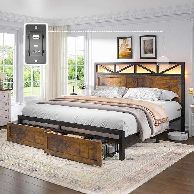 EnHomee Full Size Bed Frame with Headboard and Storage, 2 Drawers & LED Light Built in Charging Station,NO Noise,No Box Spring Needed,Brown