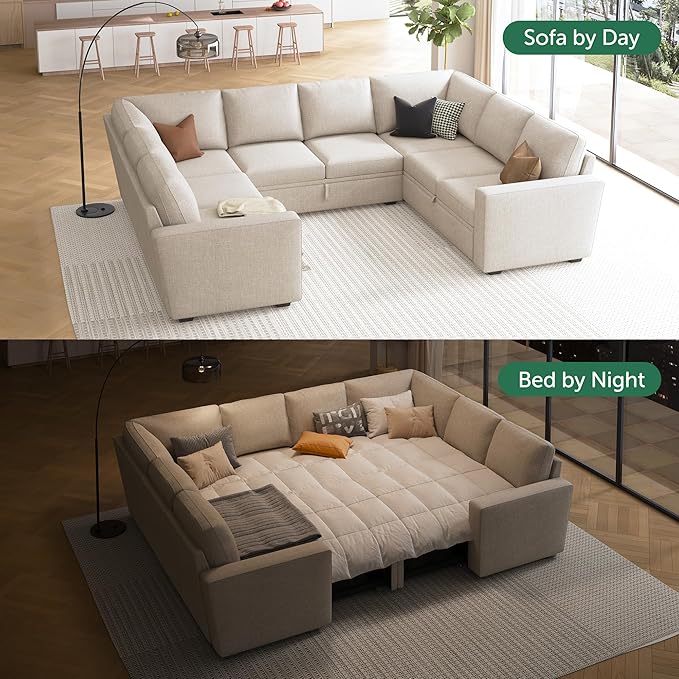 HONBAY Sleeper Sectional Couch with Pull Out Bed, Modular Sofa with Storage Seats, U Shaped Sectional Couches for Living Room, Beige