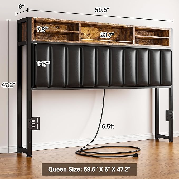 EnHomee Headboard Queen Size with Charging Port, Queen Headboard with LED Light, Headboard Only with Storage Shelf, Upholstered for Bedroom