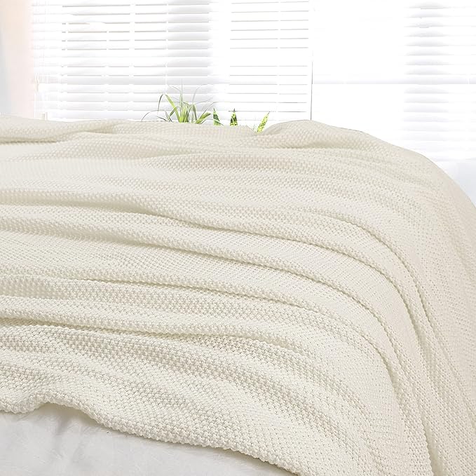 PiccoCasa 100% Cotton Knit Blanket Twin Size,Solid Lightweight Decorative Throws and Blankets,Soft Knitted Throw Blanket for Sofa Couch, Beige 60" x 78"