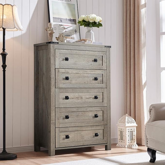 T4TREAM Farmhouse 5 Drawers Dresser Chests for Bedroom, Wood Rustic Tall Chset of Drawers,Dressers Organizer for Bedroom, Living Room,Hallway, Light Rustic Oak