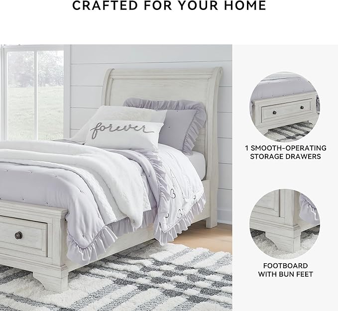 Signature Design by Ashley Robbinsdale Casual Twin Sleigh Storage Platform Bed with 1 Drawer, Foundation or Box Spring Not Needed, White