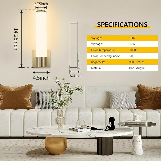 Kalium 14in Modern Wall Sconces, Dimmable Bathroom Vanity Lights,3000K Warm White LED Indoor Sconces Lighting for Bathroom, Stairs, Living Room, Bedroom. Hardwired.