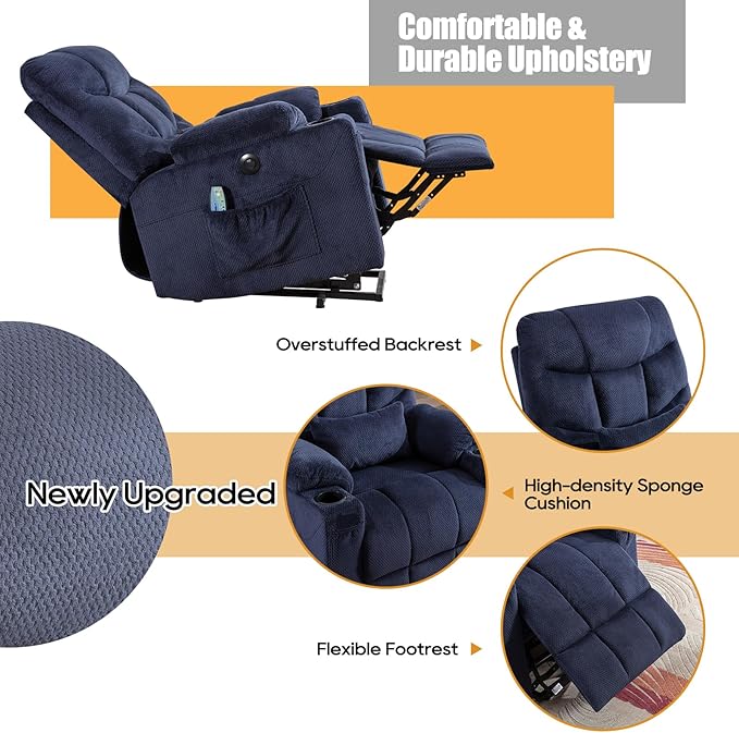 Power Lift Recliner Chair for Elderly, Lift Chair with Heat and Massage, Power Lift Recliners for Living Room with Infinite Position, USB-A＆C, Cup Holder, Side Pocket