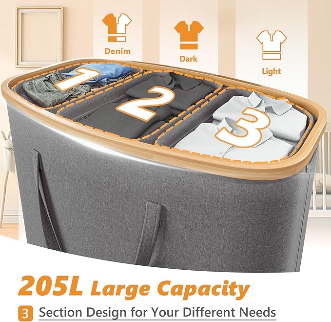 205L Laundry Hamper with Lid 3 Section, Extra Large Laundry Basket with 3 Removable Bags, 54GAL Laundry Basket Organizer for Bedroom, Laundry Room, Dorm,Clothes Hamper,Grey