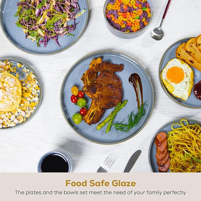 Romswi Dinnerware Set for 4, 16Pcs Stoneware Plates and Bowls Sets with Mugs, Chip & Scratch Resistant Dish Set, Handmade Reactive Glaze Plate Set, Oven, Microwave and Dishwasher Safe, Gray Blue