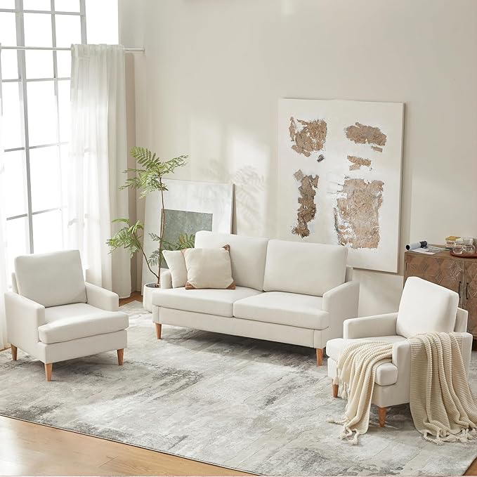 VKNOW Mid-Century Accent Chairs Set of 2, Modern Upholstered Chenille Armchair for Living Room,Comfy Reading Accent Chairs with Wood Legs for Bedroom, Beige Polyester