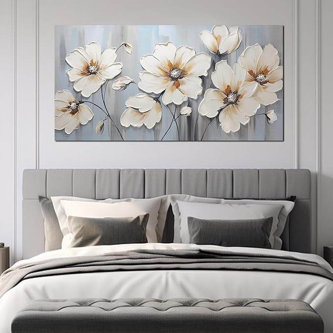 Large Canvas Wall Art Modern Wall Decor White Flower Theme Picture Wall Art with Frame Canvas Decorative Artwork Living Room Bedroom Home Office Hangable Decorative Painting Size 30x60