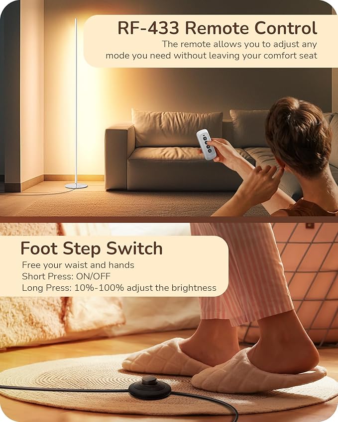EDISHINE LED Corner Floor Lamp with Remote, 57.5" Minimalist Dimmable Mood Light, Standing Tall Floor Lamps for Living Room, Bedroom, Home Office, 3000K Warm White Light (White)