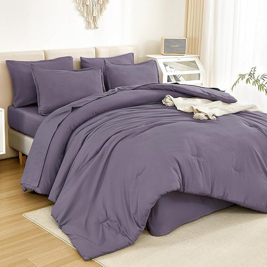 Litanika California King Comforter Set Grey Purple - 7 Pieces Bed in a Bag Cal King Bedding Comforter Sets, Plain Lightweight Bed Set with Comforter, Sheets, Pillowcases & Shams