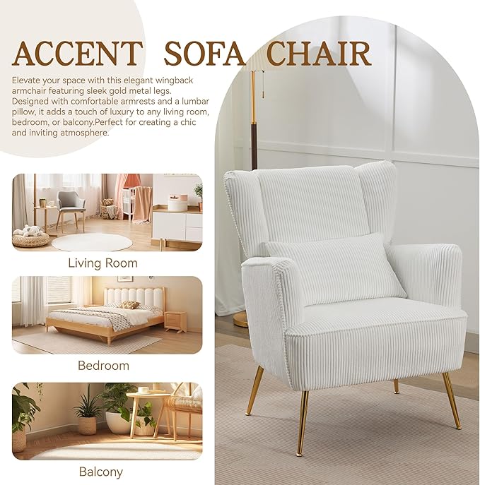 Corduroy Accent Living Room Arm Chair with Pillow & Golden Legs, 8.5" Thick Cushion, Mid Century Modern Wingback Chairs Upholstered Comfy Sofa Armchair for Reading Room/Bedroom, White