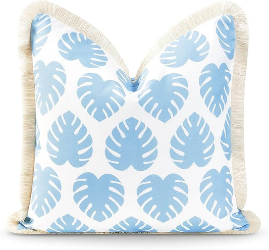 Hofdeco Premium Coastal Hampton Style Patio Indoor Outdoor Pillow Cover Only, 20"x20" Water Resistant for Backyard, Couch, Baby Blue Monstera Leaf Fringe