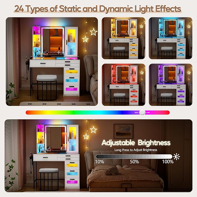 Vanity Desk with Mirror and RGB Lights，Glass top Makeup Vanity Table Set with Stool & Charging Station, Dressing Table with RGB Cabinet,6 Drawers,Lipstick Grid for Bedroom,White