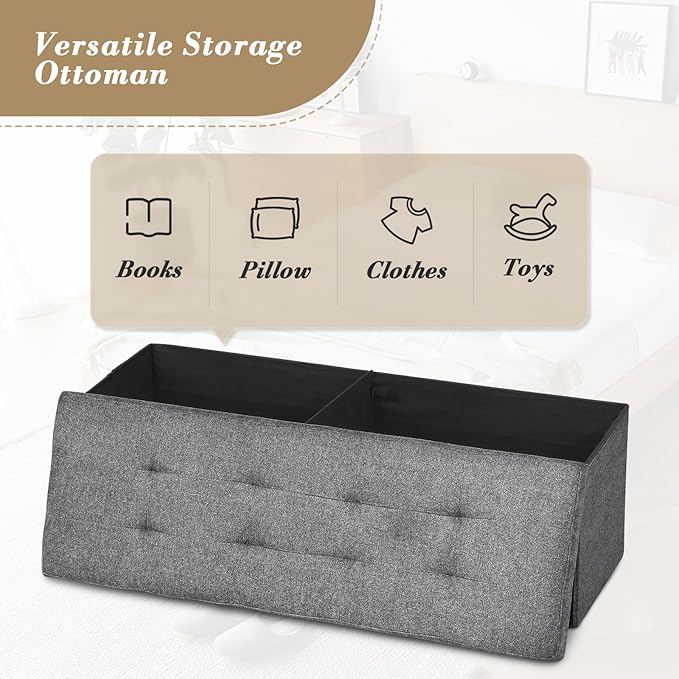 Athena Collection Ottoman Bench with Storage, 43 Inches Large End of Bed Storage Ottoman Bench, 130L Load 220 Lbs Linen Foot Rest for Bedroom, Living Room, Entyway, Dark Gray