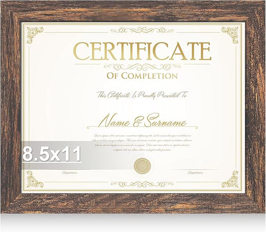 8.5 by 11 Diploma Picture Frame, Made of Real Glass and Wooden Certificate Frame, Horizontal and Vertical Display for Wall or Tabletop (Rustic Brown, 1Pack)