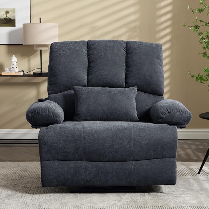 Oversized Power Recliner Chair 350lb with Hidable Cup Holders, Extra Wide Large Big Electric Recliner Chair with Lumbar Support Pillow Nursery Chair Living Room (Power, GREY-ET6008)