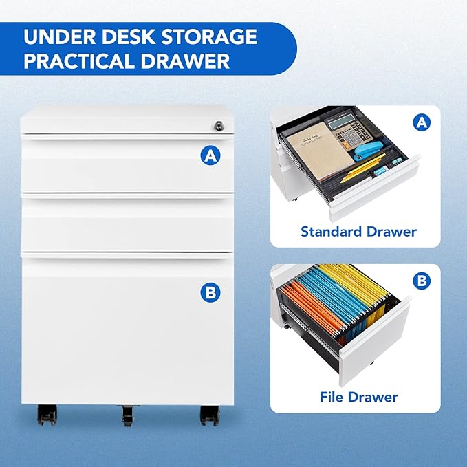 FLEXISPOT 3 Drawer Mobile File Cabinet for Home Office Under Desk Storage, Filing Cabinet with Lock Keys, File Organizer Cabinet for Legal/Letter/A4 File, White
