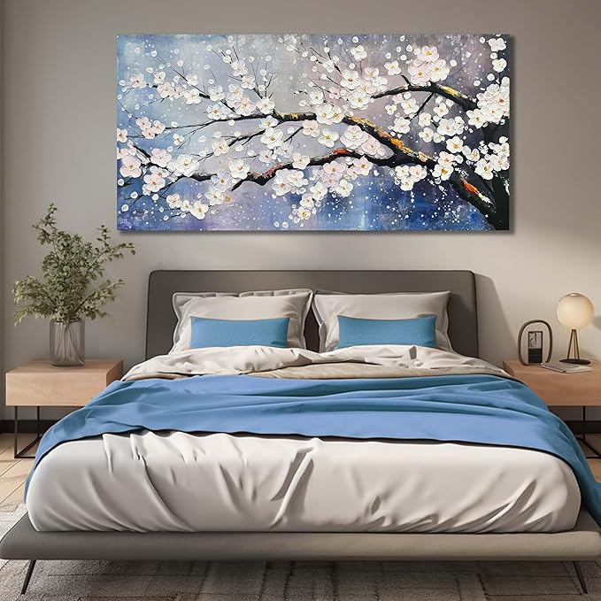 White Flowers Hand Painted Wall Art For Bedroom Blue Modern Wall Decor For Office Extra Large Wall Art For Living Room Size 36 x 72 Inch