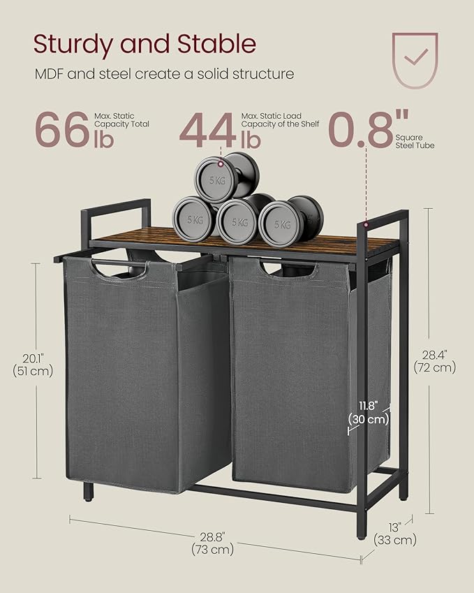 VASAGLE Laundry Hamper, Laundry Basket, Laundry Sorter with 2 Pull-Out and Removable Bags, Shelf, Metal Frame, 2 x 12.1 Gallons (46 L), 28.8 x 13 x 28.4 Inches, Slate Gray and Rustic Brown UBLH201G01