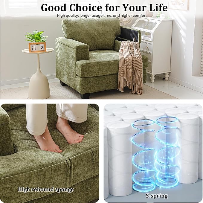 Oversized Accent Chairs Set of 2,Large Armchair with Armrest Organizer,Deep Seat,Big Reading Chair,Comfy Living Room Chairs,Sofa Chair for Bedroom,Chenille,Green