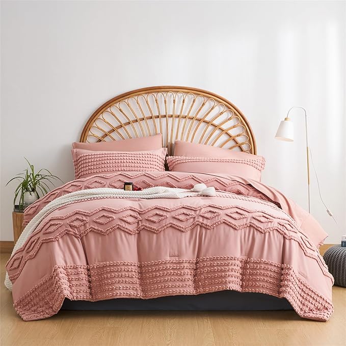 KAKIJUMN Blush Pink Tufted Comforter Set Full Size 7 Piece Bed in a Bag, Shabby Chic Boho Comforter and Sheet Set, All Season Soft Microfiber Complete Bedding Set(Pink,Full)