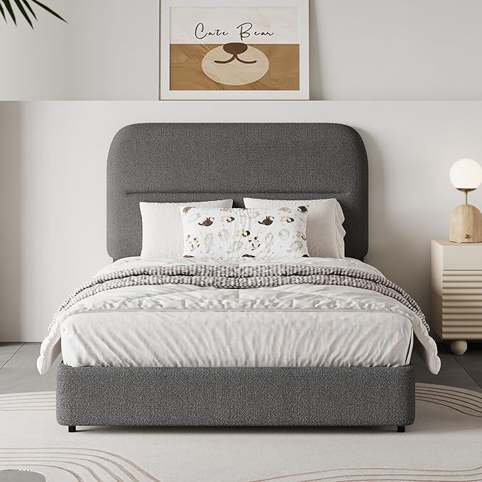 Twin Size Boucle Bed Frame, Upholstered Bed Frame with Rounded Headboard, Soft Modern Twin Bed Frames with Thickened Footboard, Rounded Corners, No Box Spring Needed, Easy Assembly, Grey