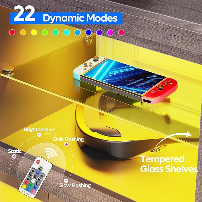 Bestier Entertainment Center LED Gaming TV Stand for 55+ Inch TV Adjustable Glass Shelves 22 Dynamic RGB Modes TV Cabinet Game Console PS4, Wash Gray