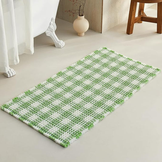 Waffle Bath Mat, Boho Bathroom Rugs Non Slip Washable Absorbent Checkered Bathroom Mat Quick Dry Cute Bath Mat, 48"x24" Green and White