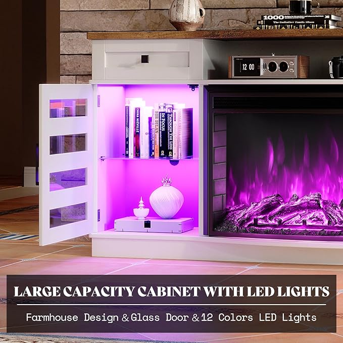 70" Farmhouse Curved Fireplace TV Stand, LED Light Entertainment Center Table with 36'' Upgrade Electric Fireplace TV Console Cabinet for TVs Up to 80", Antique White Barnwood