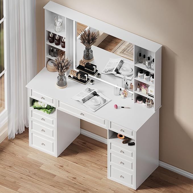 Makeup Vanity Desk with Mirror and Lights, 47" Large Vanity Table with 9 Drawers & 10 Open Storage Shelves, Brightness Adjustable, Dressing Table for Bedroom, Women Girl (White, A Panel)