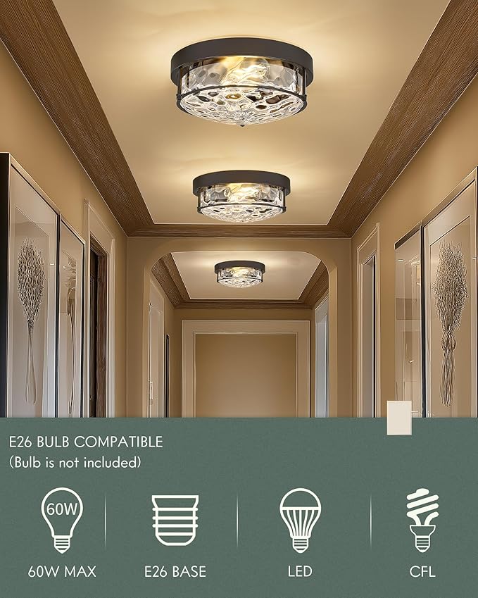 12-Inch Flush Mount Ceiling Light, Modern Farmhouse Style with Hammered Glass Shade, Oil Rubbed Bronze Finish, Ideal for Living Room, Bedroom, or Dining Room – Model CKCL4822-2W-HGORB