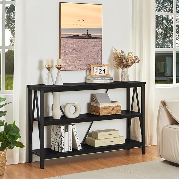 HOMISSUE Entryway Console Table, Rustic Console Tables with Wide Storage, Industrial Foyer for Entry with 3-Tier Open Shelves, Entryway Table for Living Room, Hallway, Black, 47 Inch