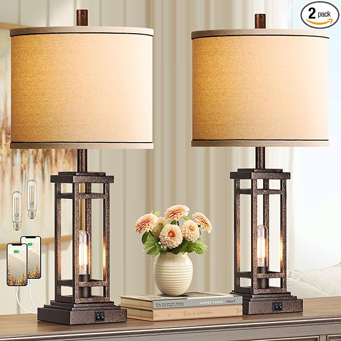 ROTTOGOON 27.5 Tall Farmhouse Table Lamps with USB C + USB A Charge Ports, Rustic Living Room Lamps Set of 2, Black Industrial End Table Lamp for Bedroom Living Room Nightstand (Bronze)