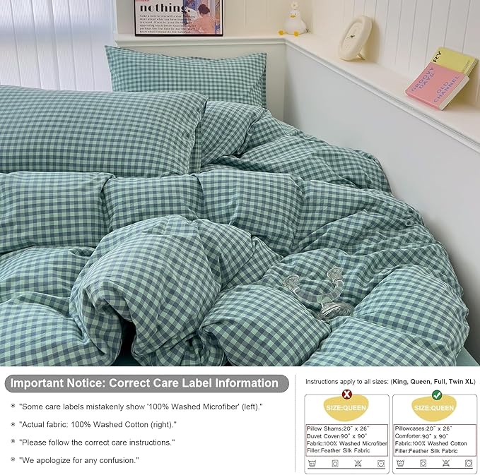 mixinni Dark Green Gingham Comforter Set Twin XL, Plaid Comforter Set 3 Pieces 1 Teal Grid Comfoter with 2 Pillow Cases for All Seasons, Soft Fluffy Modern Grid Pattern Printed Bedding-Twin XL Size