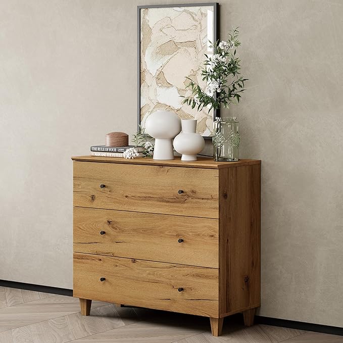 WAMPAT TV Stand Dresser for 32+ Inches TVs, Wood Media Console Table with 3 Drawers, Modern Highboy Entertainment Center with Storage for Living Room Bedroom, Oak Brown