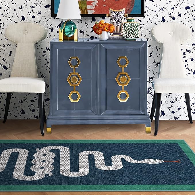 RUGGABLE x Jonathan Adler Machine Washable Modern Runner Rug – Venom Sapphire 2.5x7, Stain-Resistant, Non-Slip – Washable Rug for Hallway, Entryway, Living Room & Kitchen–with Standard Pad