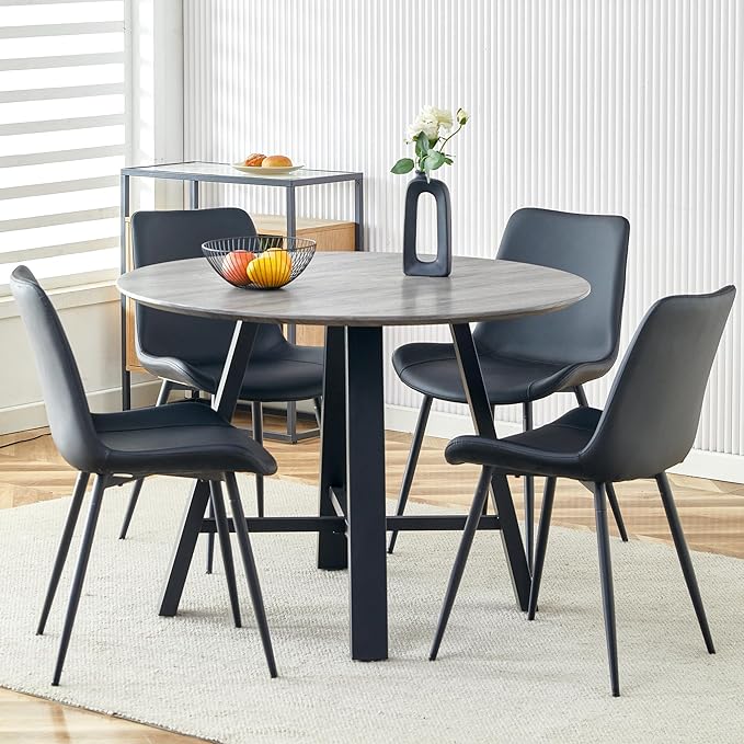 Round Dining Table Set for 4, Round Kitchen Dining Table and Chairs Set for 4,42" Modern Dining Room Table Set for 4 with PU Leather Chairs for Small Space Kitchen Office Cafe Apartment