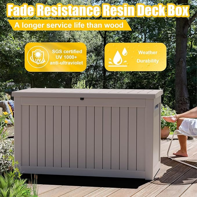 Vixzen 230 Gallon Resin Deck Box, Lockable Outdoor Storage Box for Patio Cushions Storage Furniture,Garden Tools, Pool Supplies, Weatherproof and UV Resistant- Grey