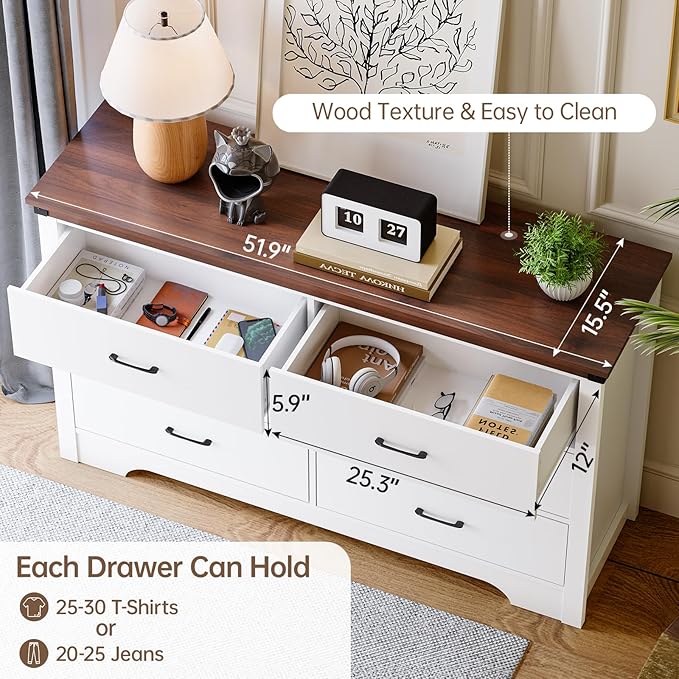 Farmhouse 6 drawer dresser for bedroom, 51" Wide chest of drawers, Wood white dresser with Metal Handle and Anti-Tipping Device, Storage Dressers Organizer for Bedroom, Living Room, Hallway, White