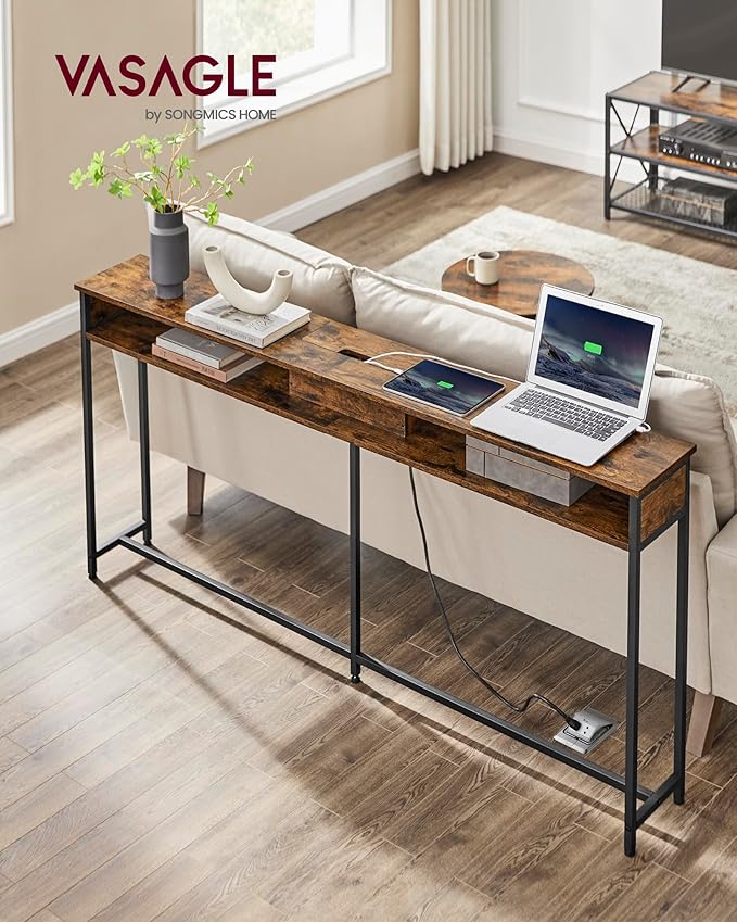 VASAGLE 55.1-Inch Console Table with Outlet and Shelves, Sofa Table with Charging Station, Behind Couch Table Skinny, Entryway Table for Hallway, Living Room, Rustic Brown and Ink Black ULNT120K01