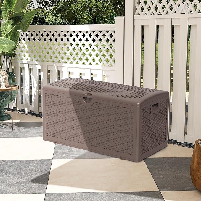 80 Gallon Pro Resin Deck Box, Waterproof Outdoor Storage Bin for Patio, Poolside, and Garden, Lockable & UV-Resistant,Brown