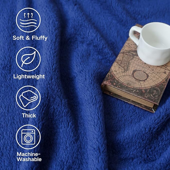Sherpa Throw Blanket for Bed, Super Soft Cozy Fuzzy Plush Blankets for Winter, Reversible Thick Warm Blanket for Bed, Couch, Living Room, Navy, Queen Size 90"x 90"