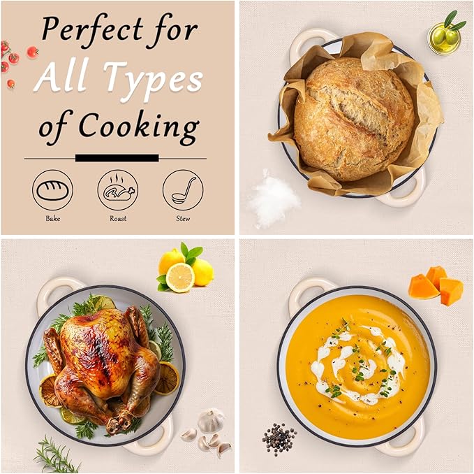 Romswi Enameled Cast Iron Dutch Oven Set - 3qt & 5.5qt Dual Combo - 7-Layer Professional Grade Dutch oven pot with lid - Oven Safe for Braising, Stews, Roasting, Bread Baking - White Bread Dutch Oven