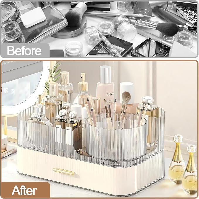DASITON Makeup Organizer with Drawers and Rotating Makeup Brush Holder,Large Capacity Stackable Cosmetic Organizer Countertop,Bathroom Organizers and Storage,Make up Organizers for Vanity (Cream 02)