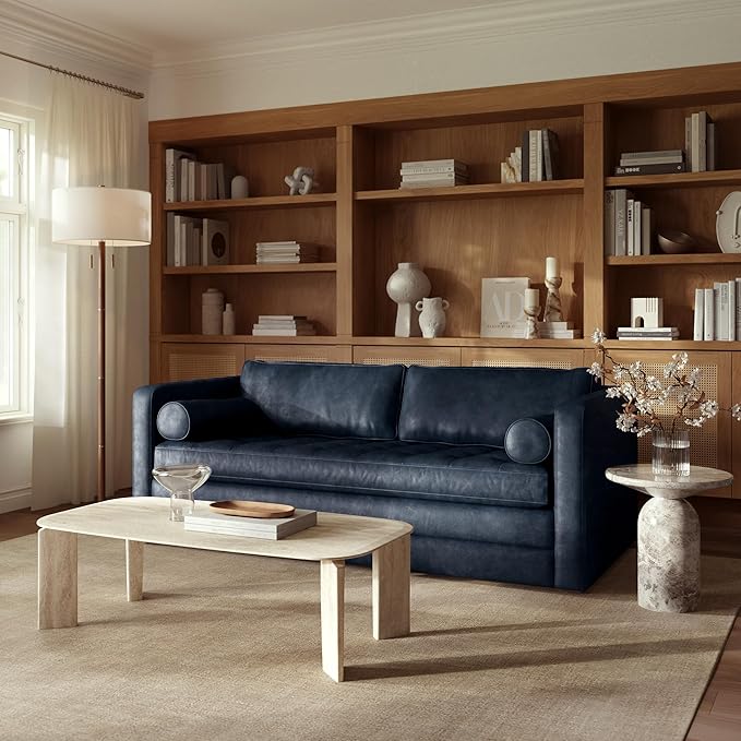 POLY & BARK Napa 82" Leather Pull-Out Convertible Sleeper Sofa in Midnight Blue