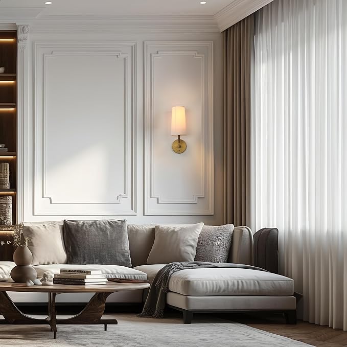 Brass Wall Sconces Set of Two, Hardwired White Fabric Shade Wall Lamps, Bathroom Vanity Lights Fixture with Switch, Indoor Wall Lights for Bedroom Living Room Corridor